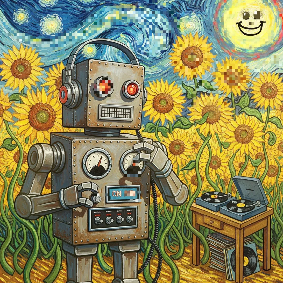 Two Van Gogh pieces at the same time — Sunflowers and a hint of Starry Night starring Broboticus Brobot by BasicGlitch